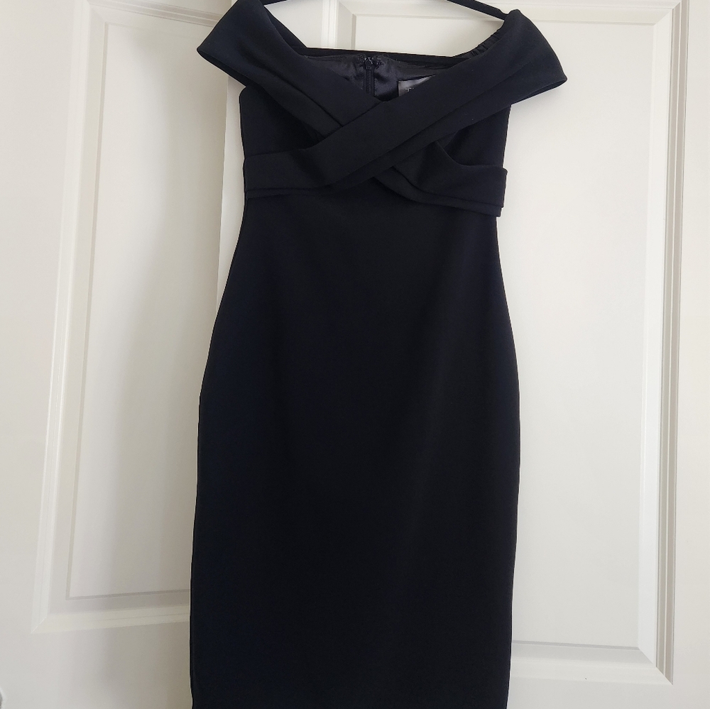 Theia Black Off-Shoulder Sheath Cocktail Dress